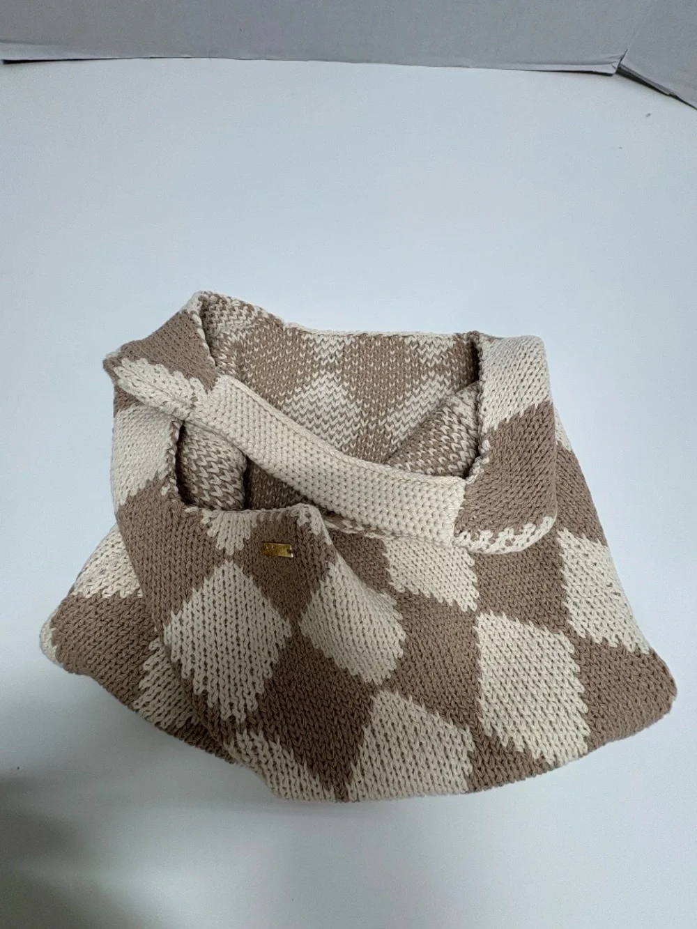 KOPARI Limited Edition Checkered Knit Tan Cream Tote Bag - NEW Without Tag.